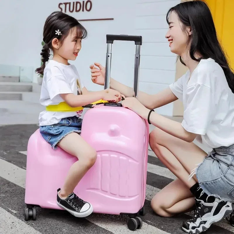 Suitcase with seat for Kids Can Sit and Ride on carry on Luggage Cute Children Travel Suitcase Trolley Case for 2 to 8 year old 20/24 Inch