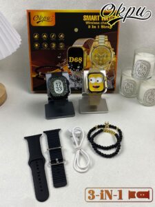D68 Smart Watch Combo Set – Wireless Charging, 3-in-1 Strap Options, Luxury Gift Box with Accessories