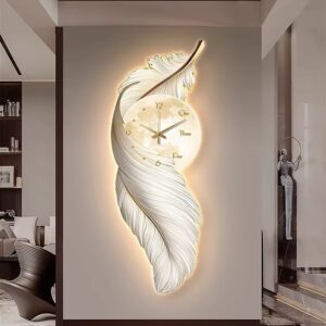 LED Feather Design Porcelain Leaf Wall Clock – White